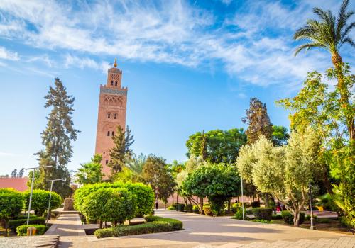 Koutoubia Mosque minaret in old medina of Marrakesh, Morocco